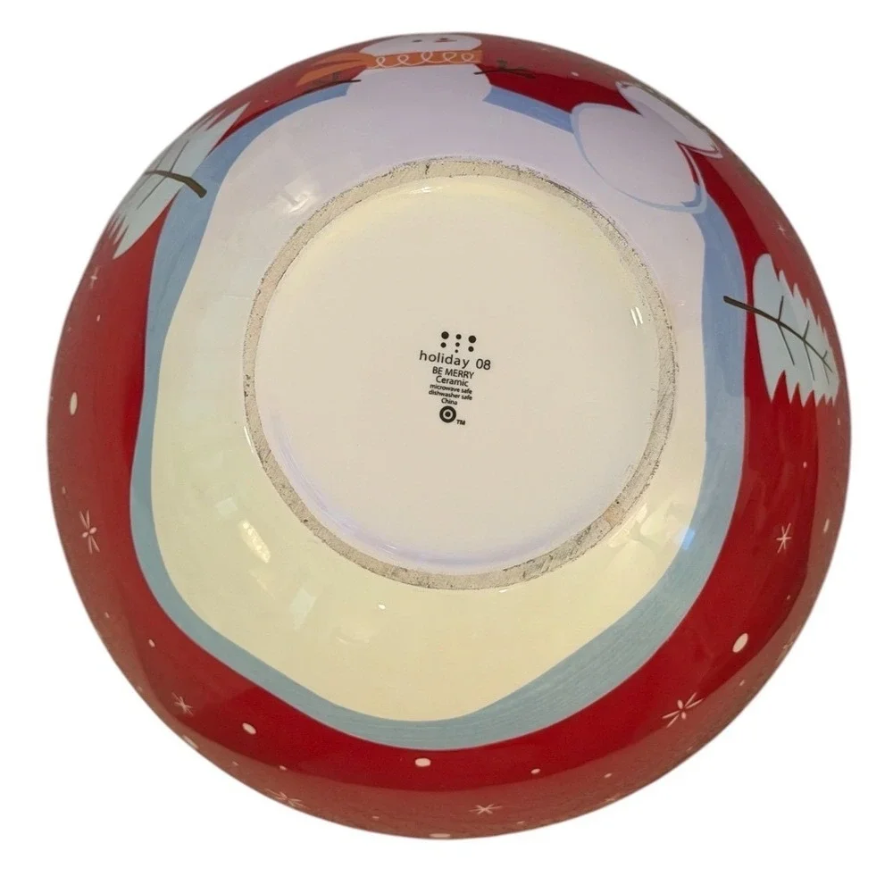 Target Holiday Ch 08 Be Merry Snowman Serving Bowl Red Ceramic Christmas 2008